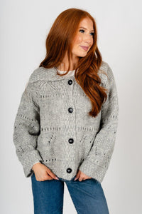 Eyelet knit sweater cardigan heather grey – Stylish Sweaters | Boutique Sweaters at Lush Fashion Lounge Boutique in Oklahoma City