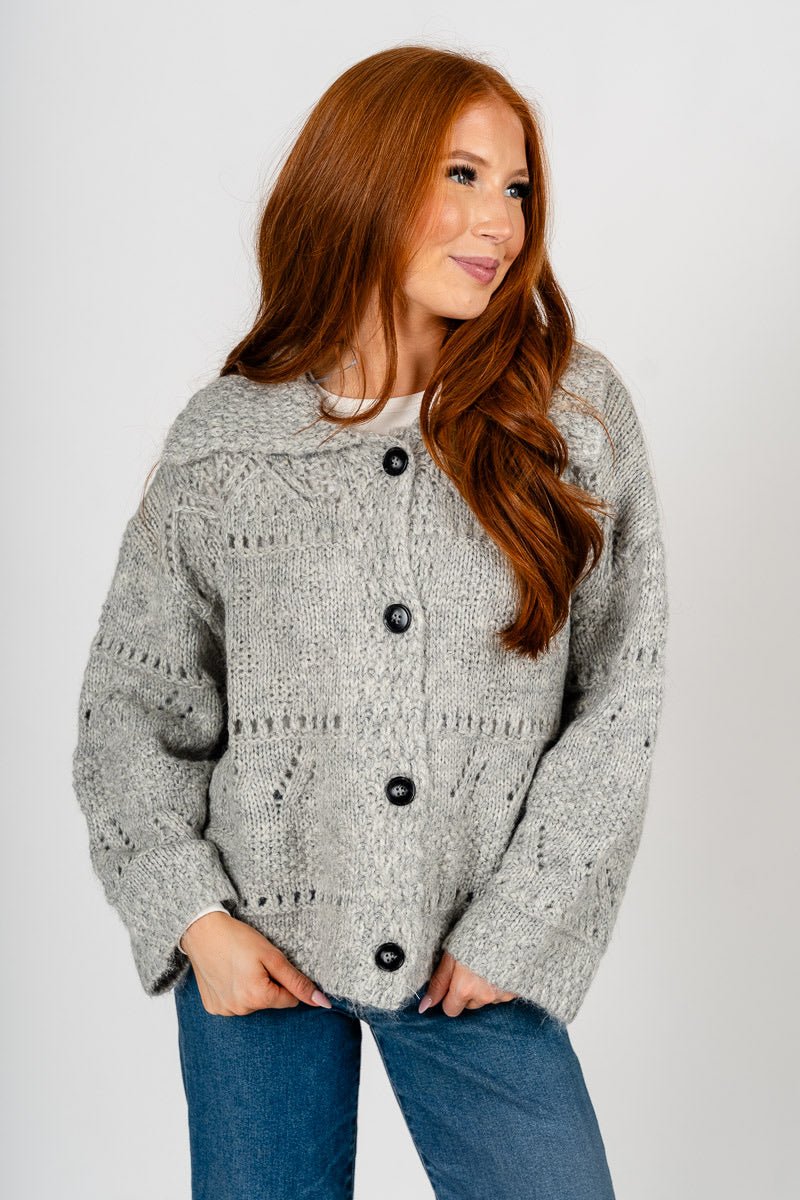 Eyelet knit sweater cardigan heather grey – Stylish Sweaters | Boutique Sweaters at Lush Fashion Lounge Boutique in Oklahoma City