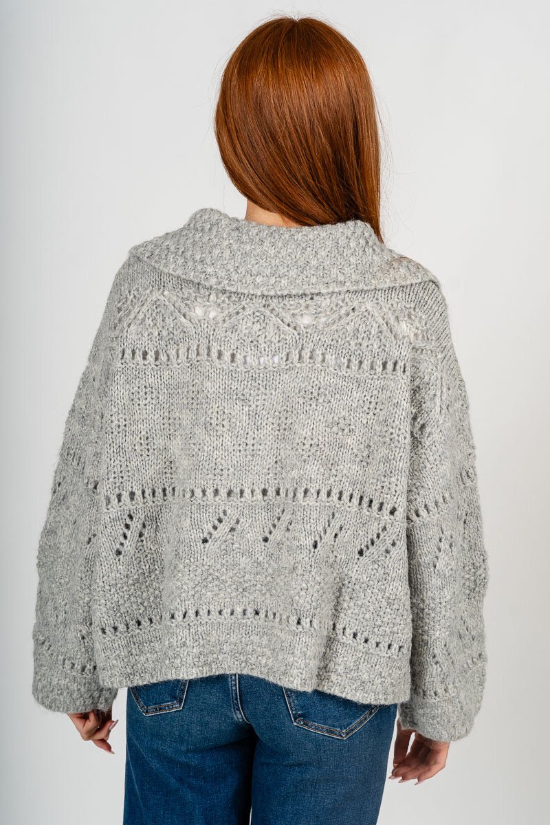 Eyelet knit sweater cardigan heather grey