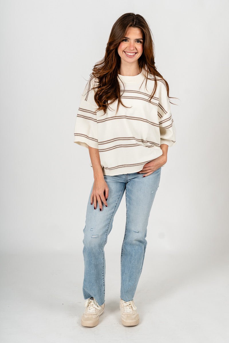 Striped short sleeve sweater ivory/mocha – Unique Sweaters | Lounging Sweaters and Womens Fashion Sweaters at Lush Fashion Lounge Boutique in Oklahoma City