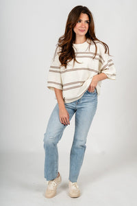 Striped short sleeve sweater ivory/mocha - Trendy Sweaters | Cute Pullover Sweaters at Lush Fashion Lounge Boutique in Oklahoma City