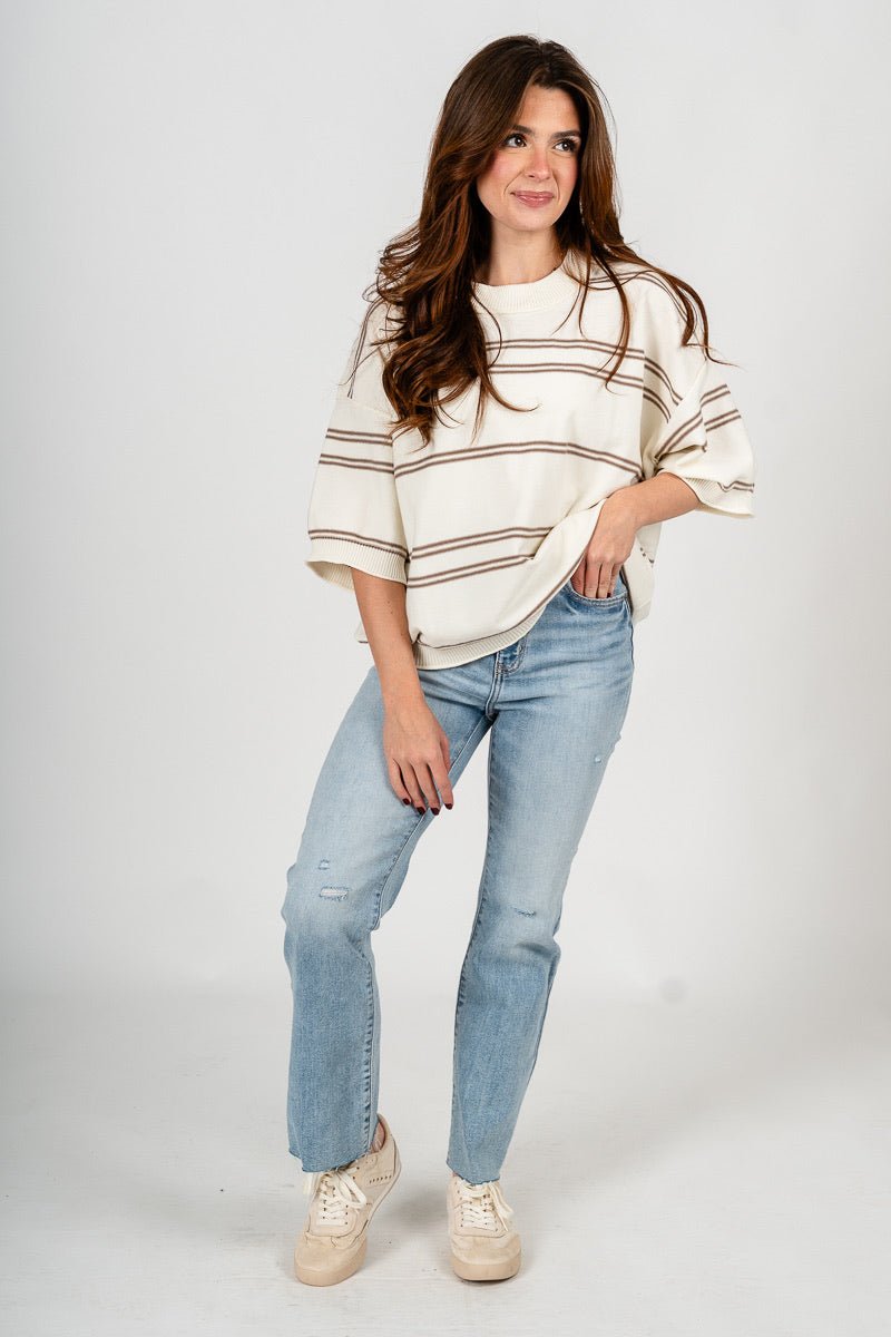Striped short sleeve sweater ivory/mocha - Trendy Sweaters | Cute Pullover Sweaters at Lush Fashion Lounge Boutique in Oklahoma City