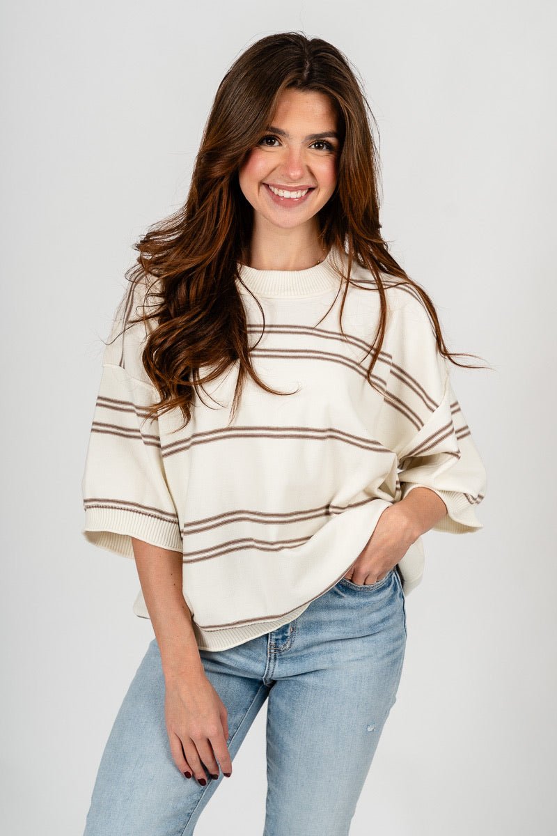 Striped short sleeve sweater ivory/mocha – Boutique Sweaters | Fashionable Sweaters at Lush Fashion Lounge Boutique in Oklahoma City