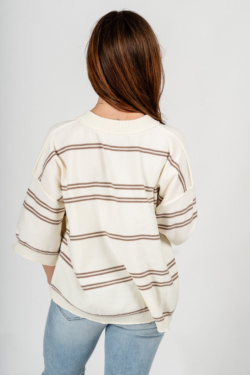 Striped short sleeve sweater ivory/mocha