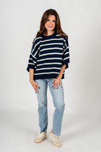 Striped short sleeve sweater navy – Unique Sweaters | Lounging Sweaters and Womens Fashion Sweaters at Lush Fashion Lounge Boutique in Oklahoma City