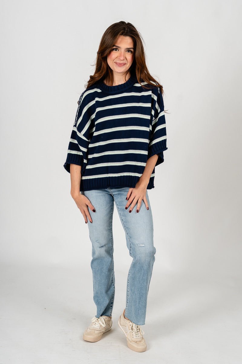Striped short sleeve sweater navy – Unique Sweaters | Lounging Sweaters and Womens Fashion Sweaters at Lush Fashion Lounge Boutique in Oklahoma City