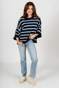 Striped short sleeve sweater navy - Trendy Sweaters | Cute Pullover Sweaters at Lush Fashion Lounge Boutique in Oklahoma City