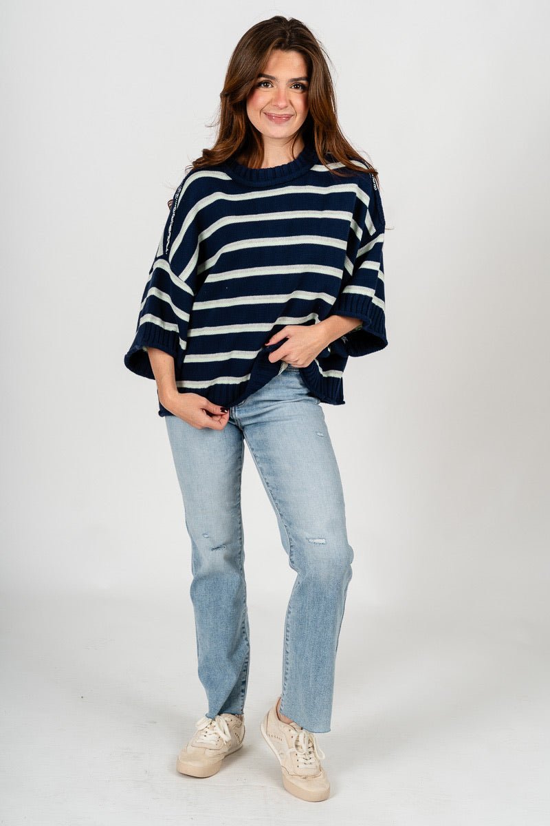Striped short sleeve sweater navy - Trendy Sweaters | Cute Pullover Sweaters at Lush Fashion Lounge Boutique in Oklahoma City