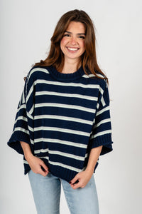Striped short sleeve sweater navy – Stylish Sweaters | Boutique Sweaters at Lush Fashion Lounge Boutique in Oklahoma City