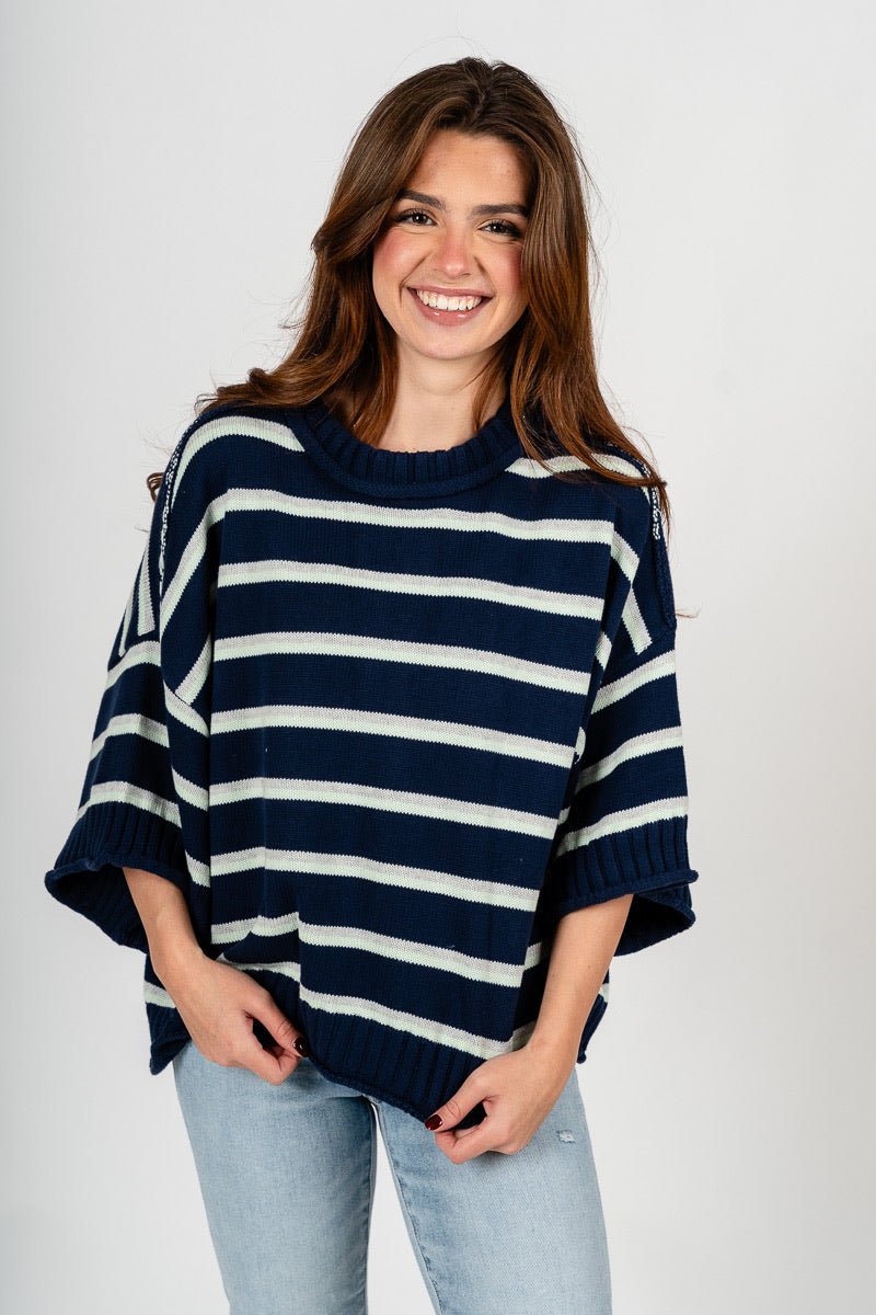 Striped short sleeve sweater navy – Stylish Sweaters | Boutique Sweaters at Lush Fashion Lounge Boutique in Oklahoma City