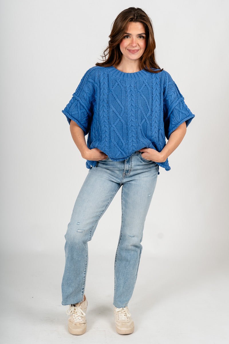 Cable knit short sleeve sweater blue – Unique Sweaters | Lounging Sweaters and Womens Fashion Sweaters at Lush Fashion Lounge Boutique in Oklahoma City