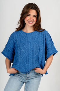Cable knit short sleeve sweater blue – Stylish Sweaters | Boutique Sweaters at Lush Fashion Lounge Boutique in Oklahoma City