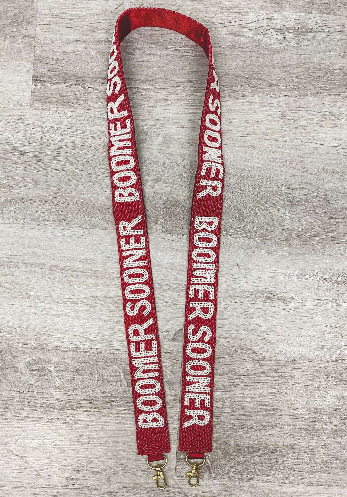 OU Boomer Sooner beaded guitar strap crimson - Trendy Bags at Lush Fashion Lounge Boutique in Oklahoma City