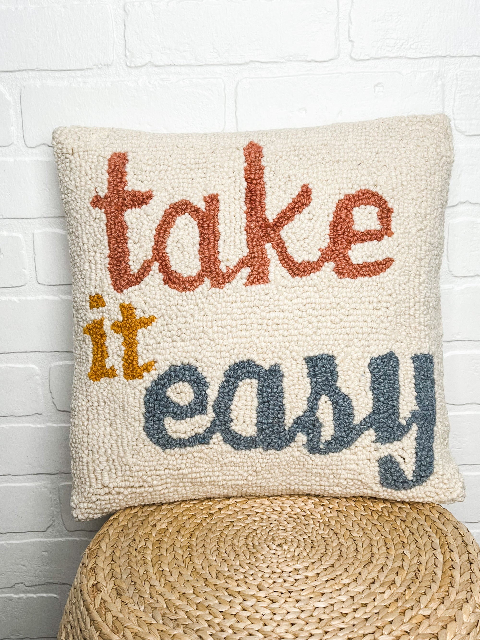 Take it easy square wool hooked pillow natural - Trendy Gifts at Lush Fashion Lounge Boutique in Oklahoma City