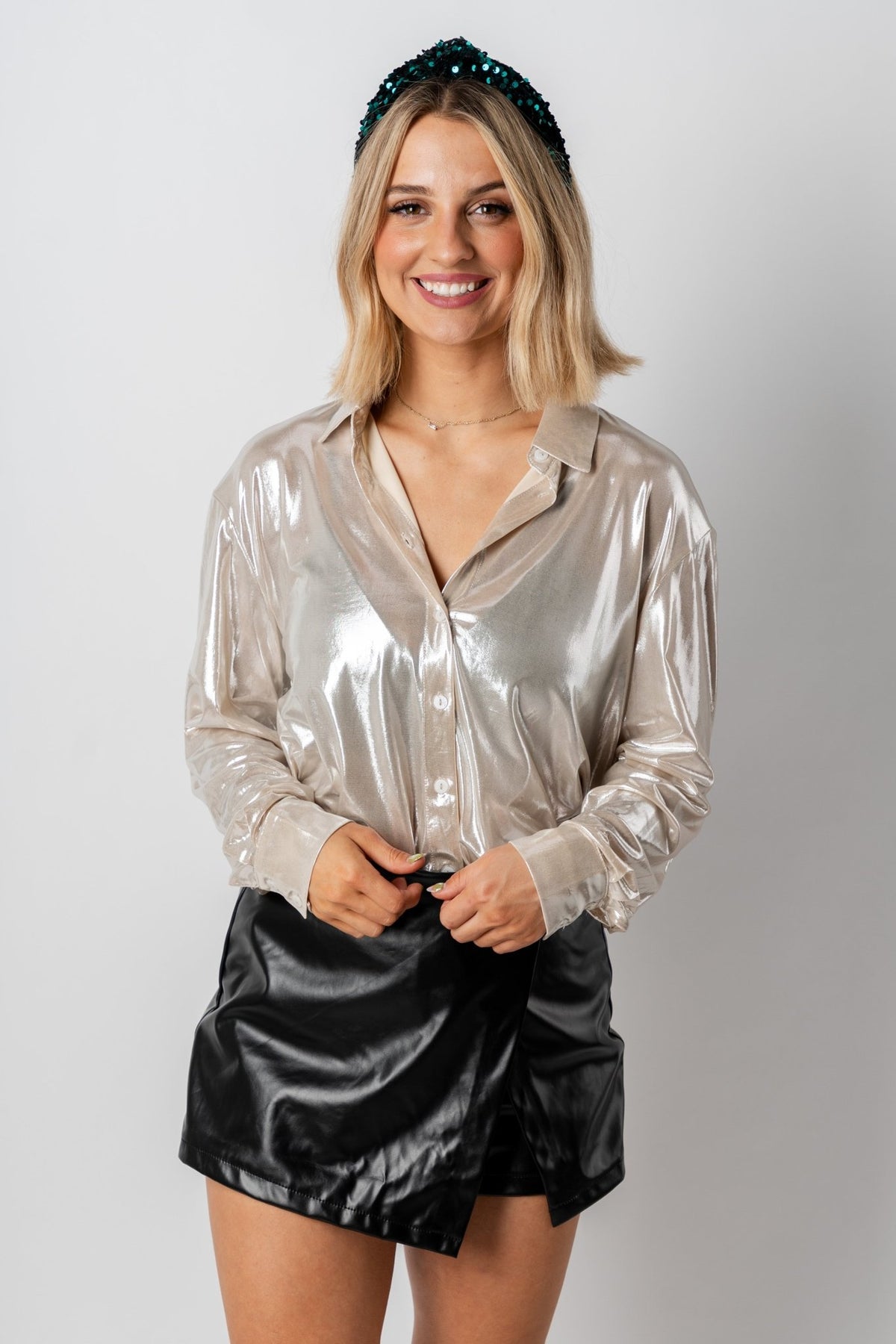 Metallic button up top champagne - Trendy Holiday Apparel at Lush Fashion Lounge Boutique in Oklahoma City