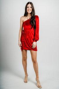 One shoulder velvet dress red - Trendy Dresses - Fashion Dresses at Lush Fashion Lounge Boutique in Oklahoma City