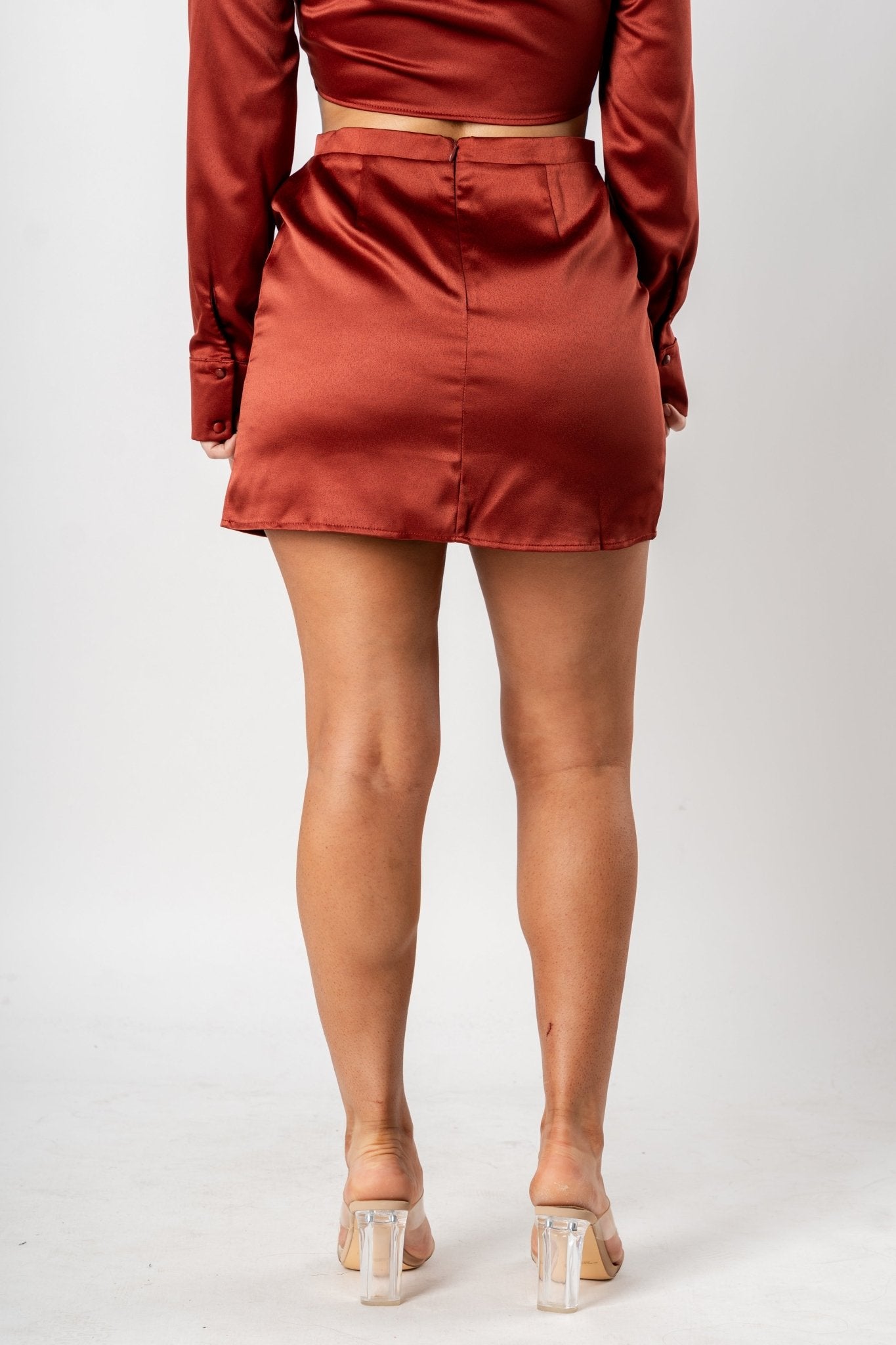 Mini skirt with slit cognac | Lush Fashion Lounge: boutique fashion skirts, affordable boutique skirts, cute affordable skirts
