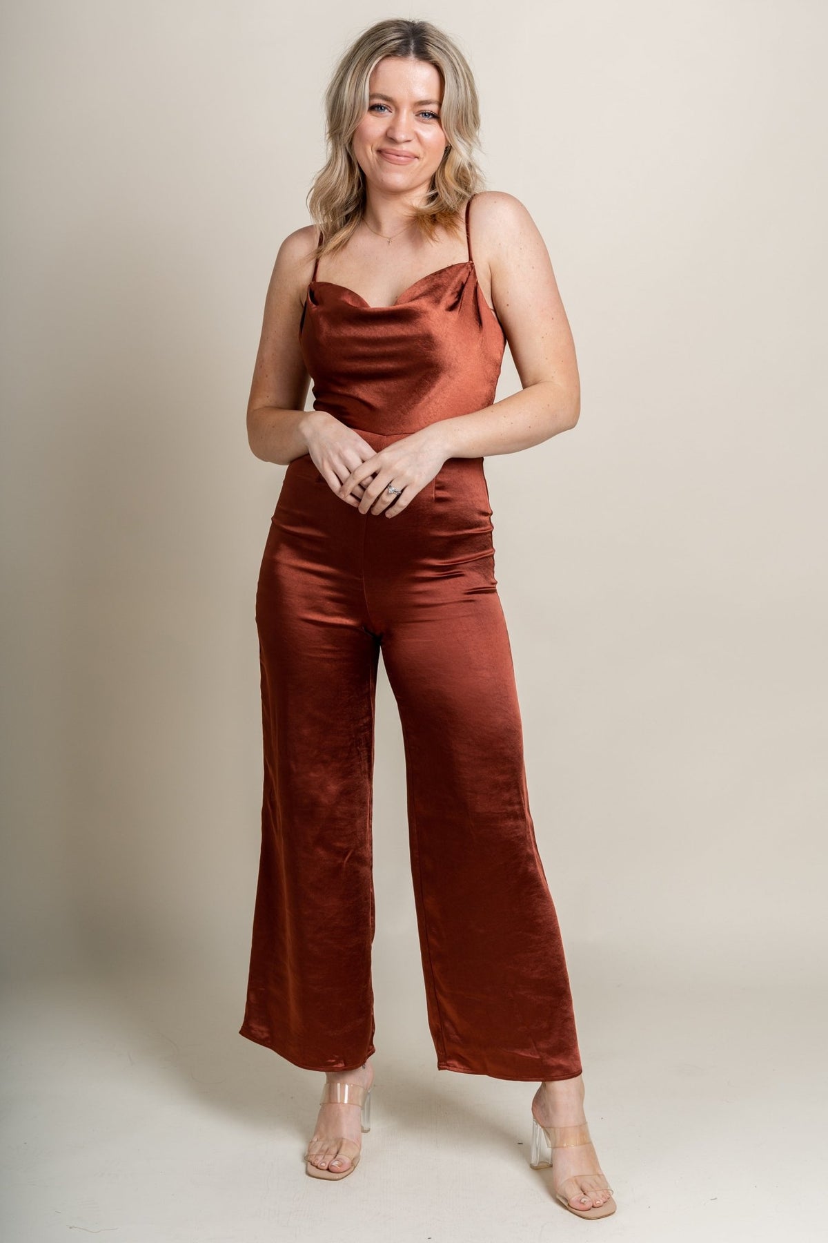 Cowl neck satin jumpsuit cognac - Cute Jumpsuit - Trendy Rompers and Pantsuits at Lush Fashion Lounge Boutique in Oklahoma City