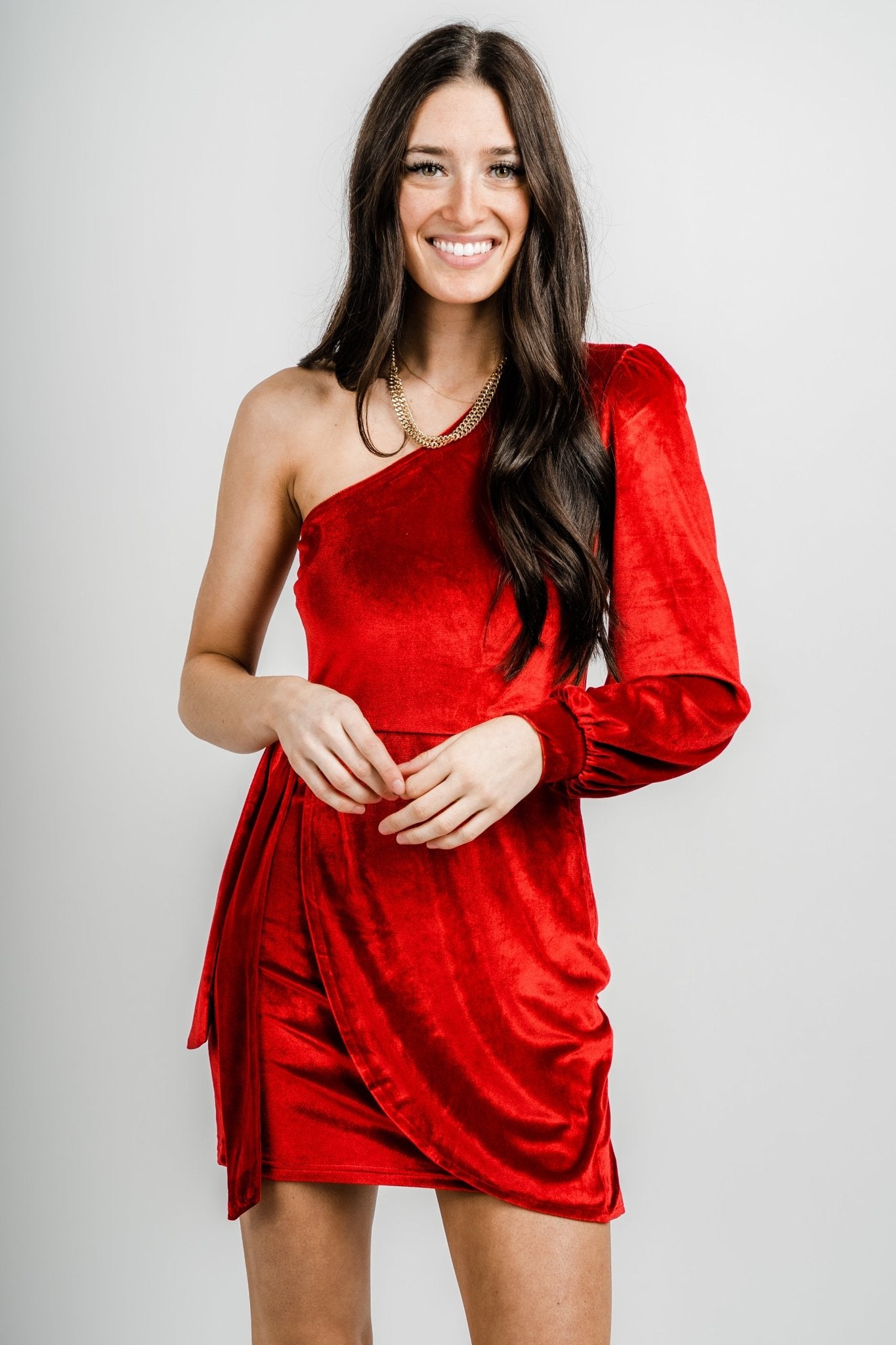 One shoulder velvet dress red - Trendy T-Shirts for Valentine's Day at Lush Fashion Lounge Boutique in Oklahoma City