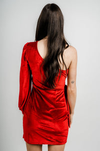 One shoulder velvet dress red - Affordable Dresses - Boutique Dresses at Lush Fashion Lounge Boutique in Oklahoma City