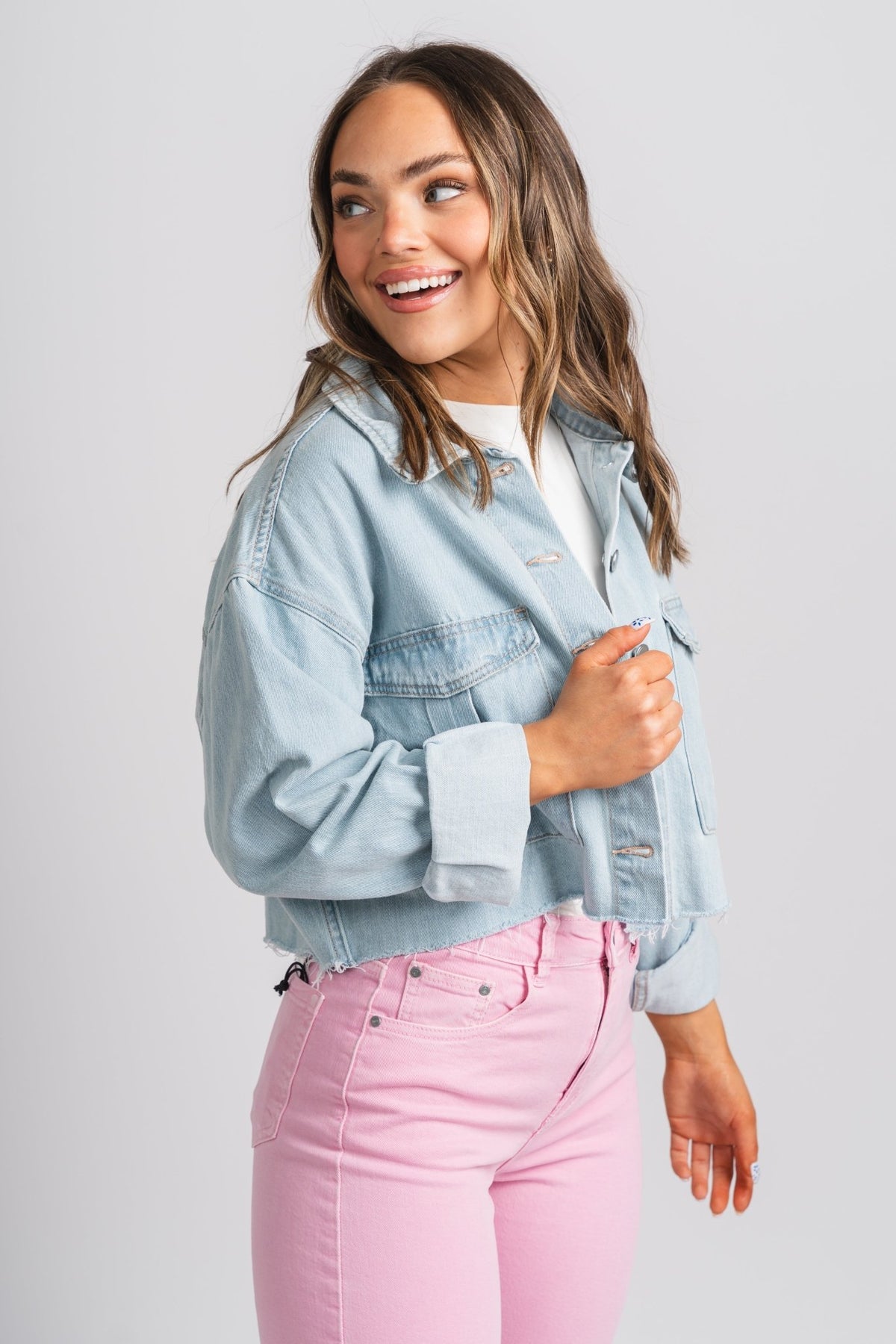 Cropped denim jacket light blue - Stylish jacket - Cute Easter Outfits at Lush Fashion Lounge Boutique in Oklahoma