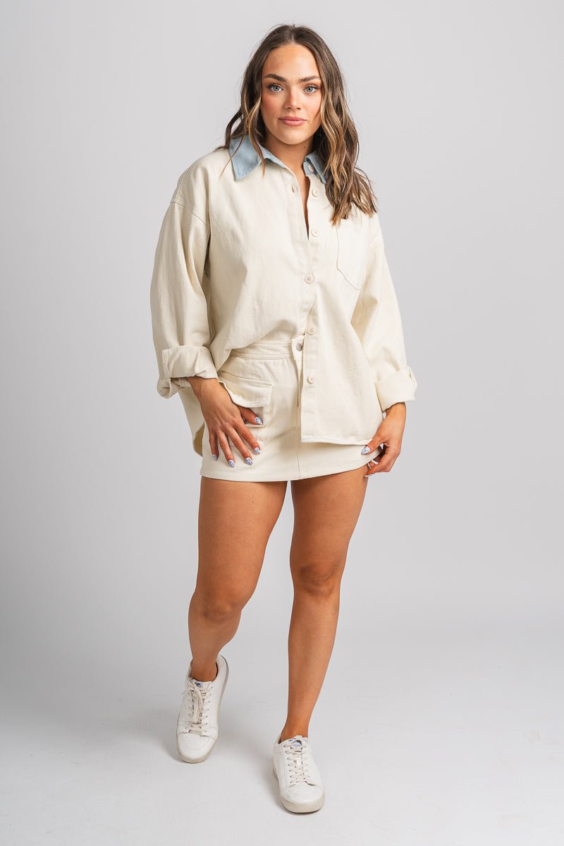 Contrast collar shacket cream – Fashionable Jackets | Trendy Blazers at Lush Fashion Lounge Boutique in Oklahoma City