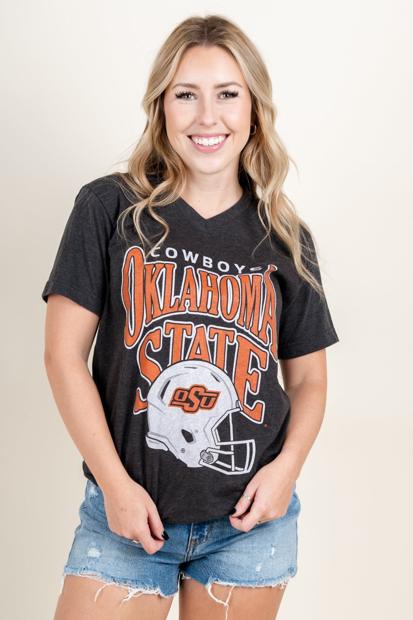 OSU OSU helmet time v-neck t-shirt black T-shirts | Lush Fashion Lounge Trendy Oklahoma State Cowboys Apparel & Cute Gameday T-Shirts