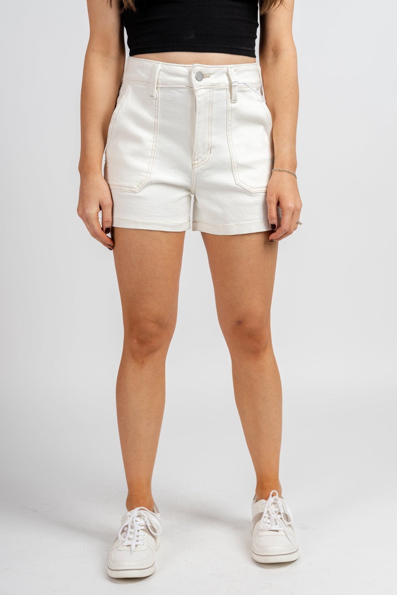 JBD high rise cargo denim shorts off white Trendy Shorts Lush Fashion Lounge