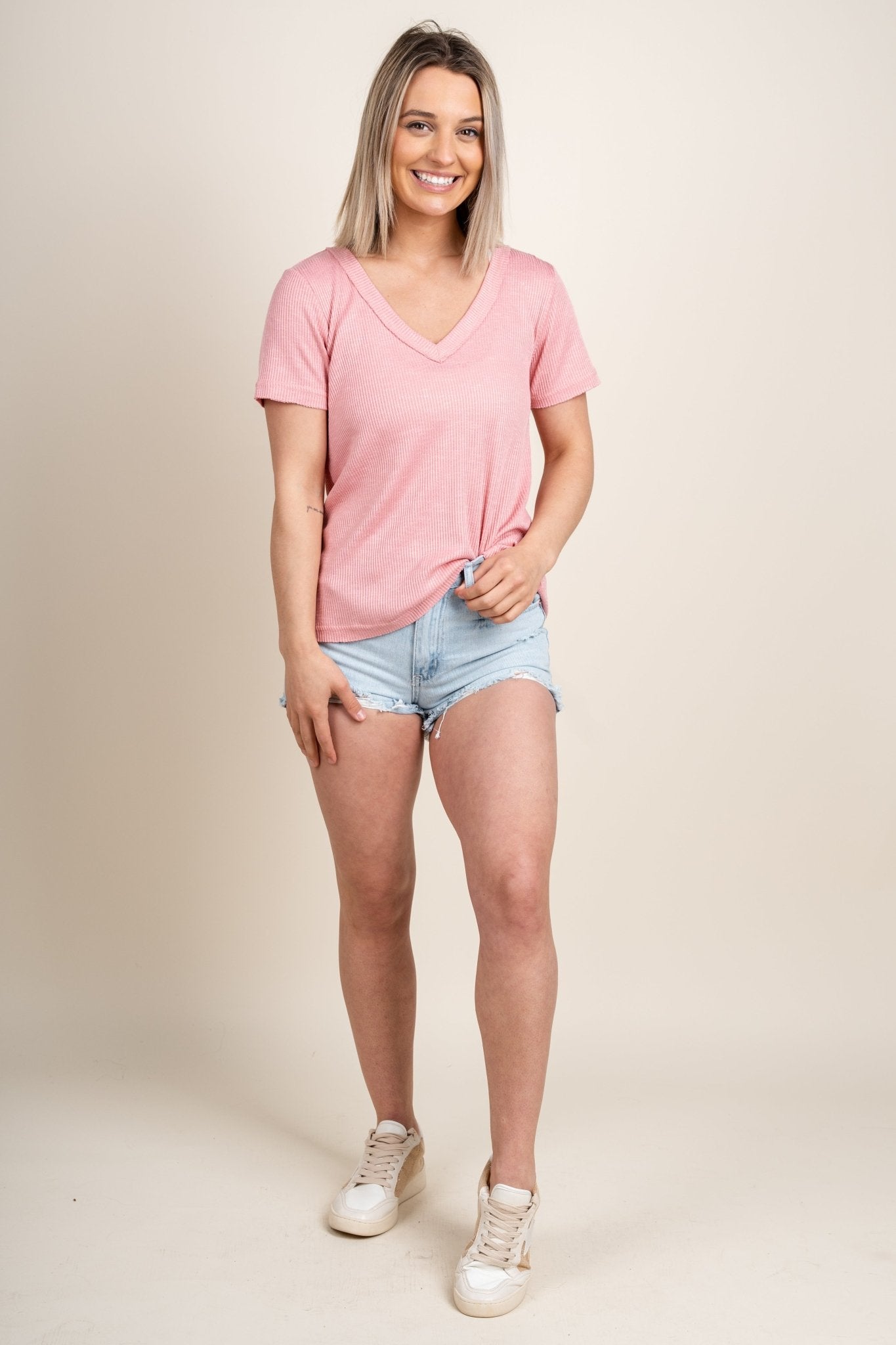 Z Supply Dana ribbed haci short sleeve top guava - Z Supply Top - Z Supply Clothing at Lush Fashion Lounge Trendy Boutique Oklahoma City