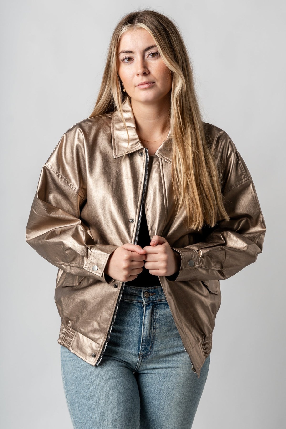 Metallic bomber jacket gunmetal – Trendy Jackets | Cute Fashion Blazers at Lush Fashion Lounge Boutique in Oklahoma City