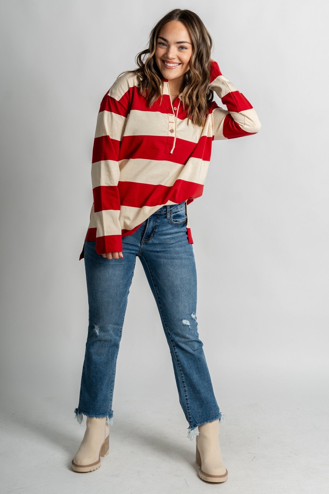 Collared rugby striped long sleeve top cream/red