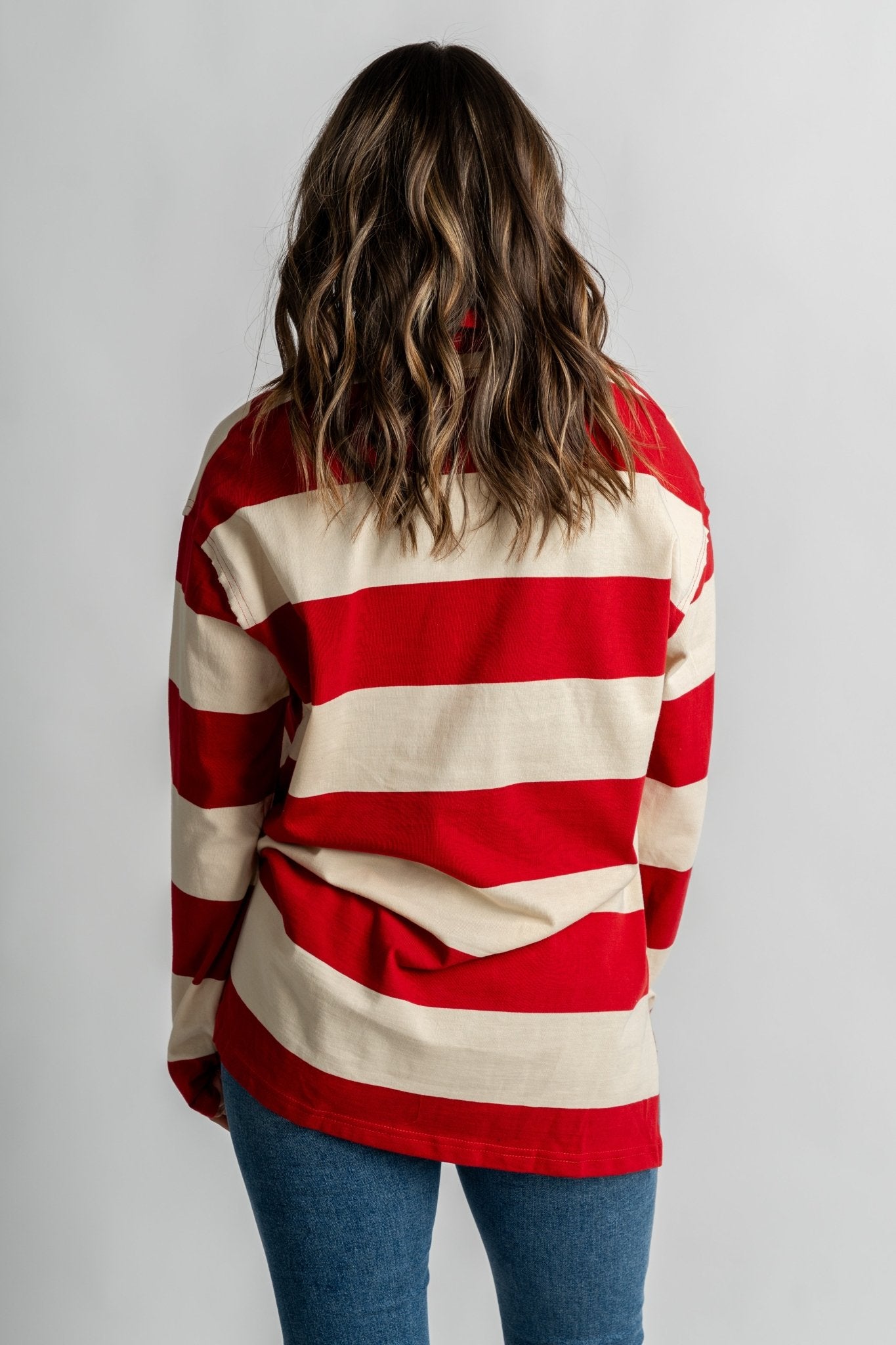 Collared rugby striped long sleeve top cream/red