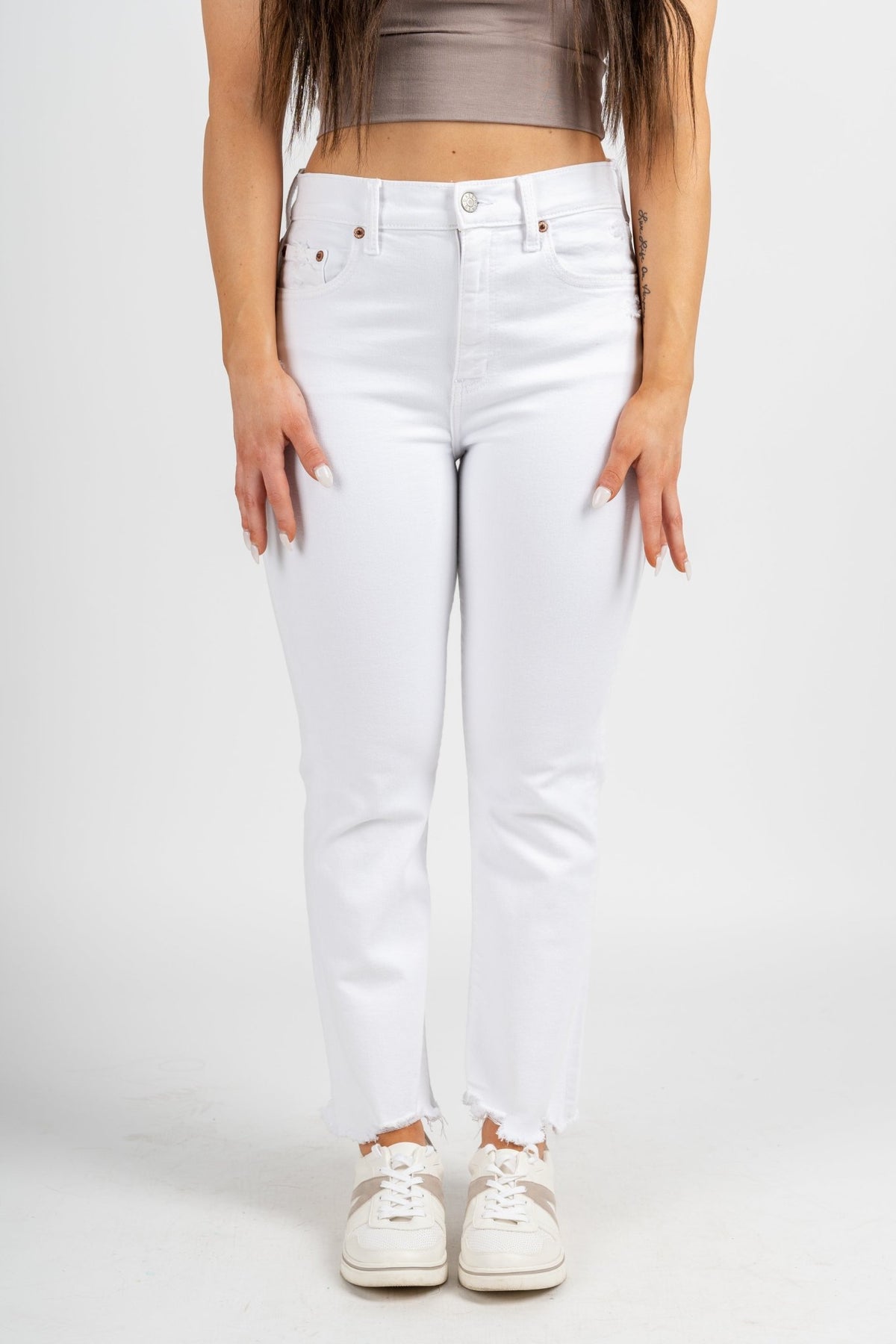 Daze denim high rise crop flare jeans white lightening | Lush Fashion Lounge: boutique women's jeans, fashion jeans for women, affordable fashion jeans, cute boutique jeans