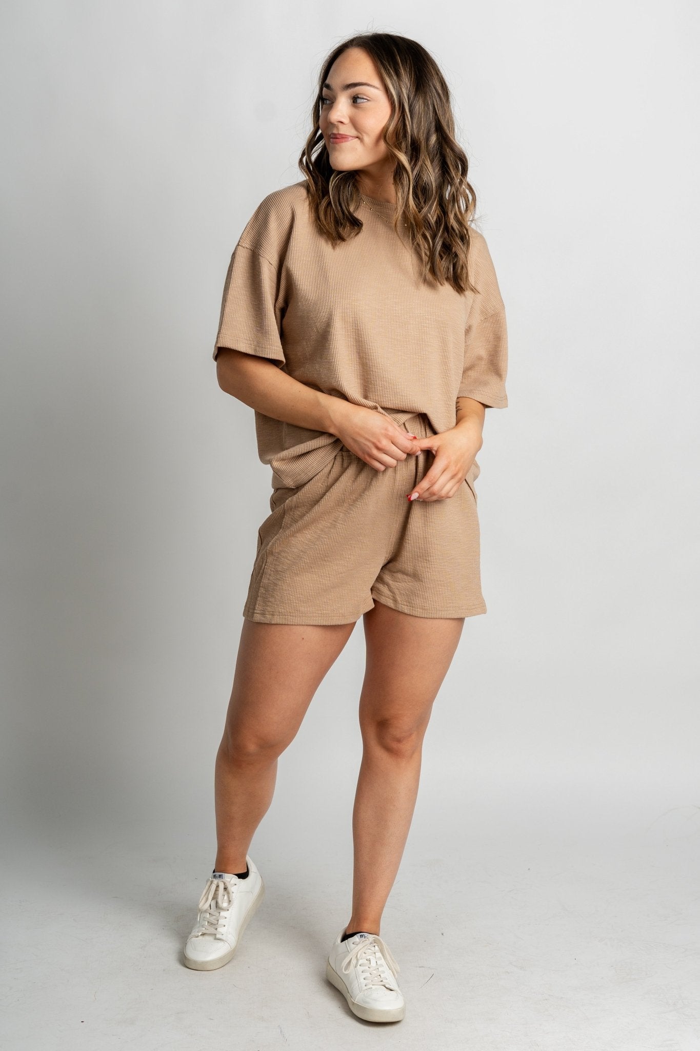 Amaya textured elastic waist shorts taupe - Fun Shorts - Unique Lounge Looks at Lush Fashion Lounge Boutique in Oklahoma