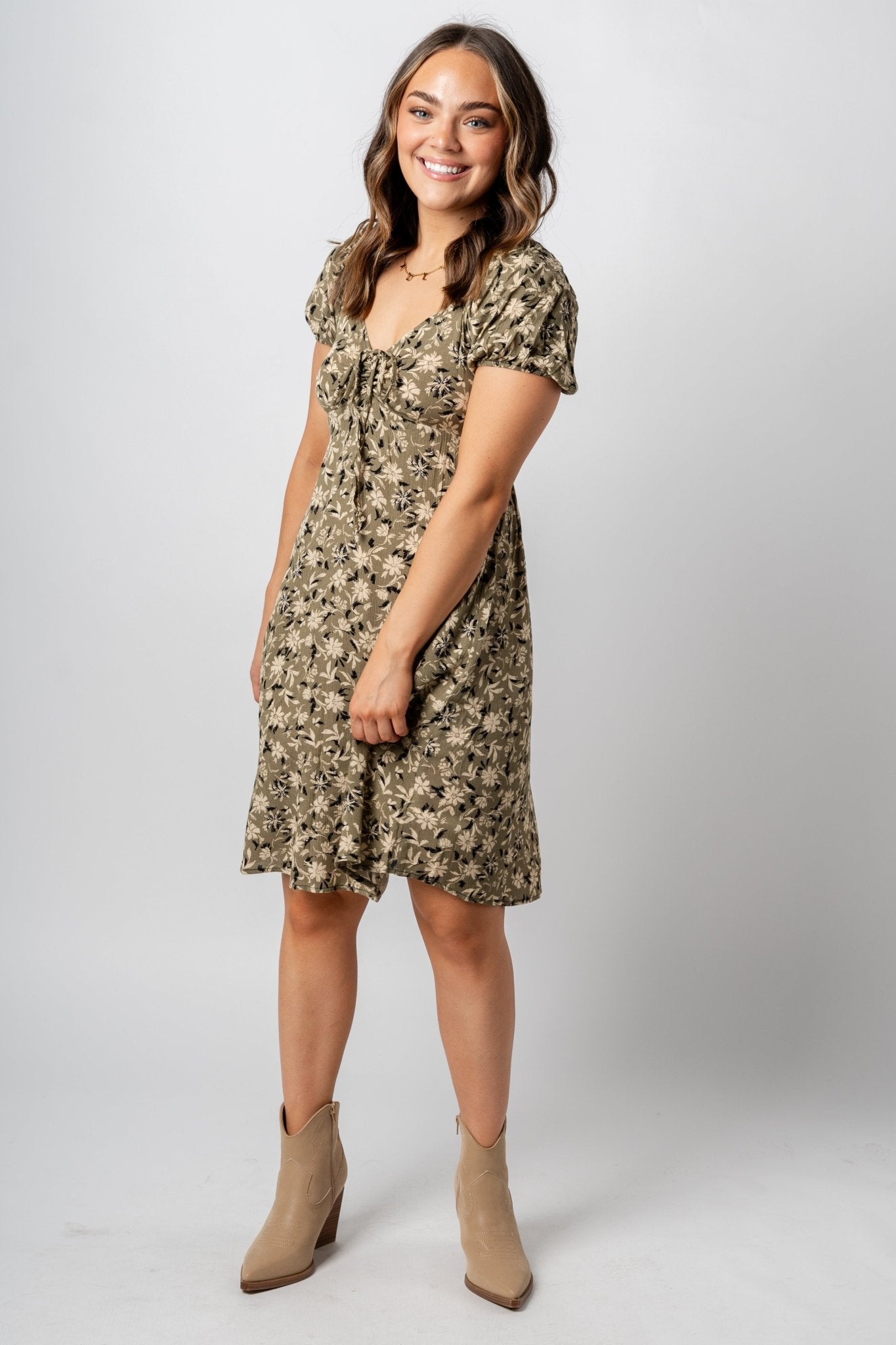 Ruched floral midi dress olive - Trendy Dresses - Fashion Dresses at Lush Fashion Lounge Boutique in Oklahoma City