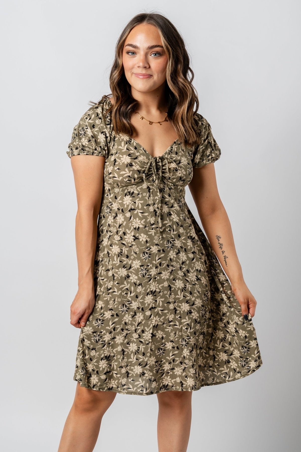 Ruched floral midi dress olive - Cute Dresses - Trendy Dresses at Lush Fashion Lounge Boutique in Oklahoma City