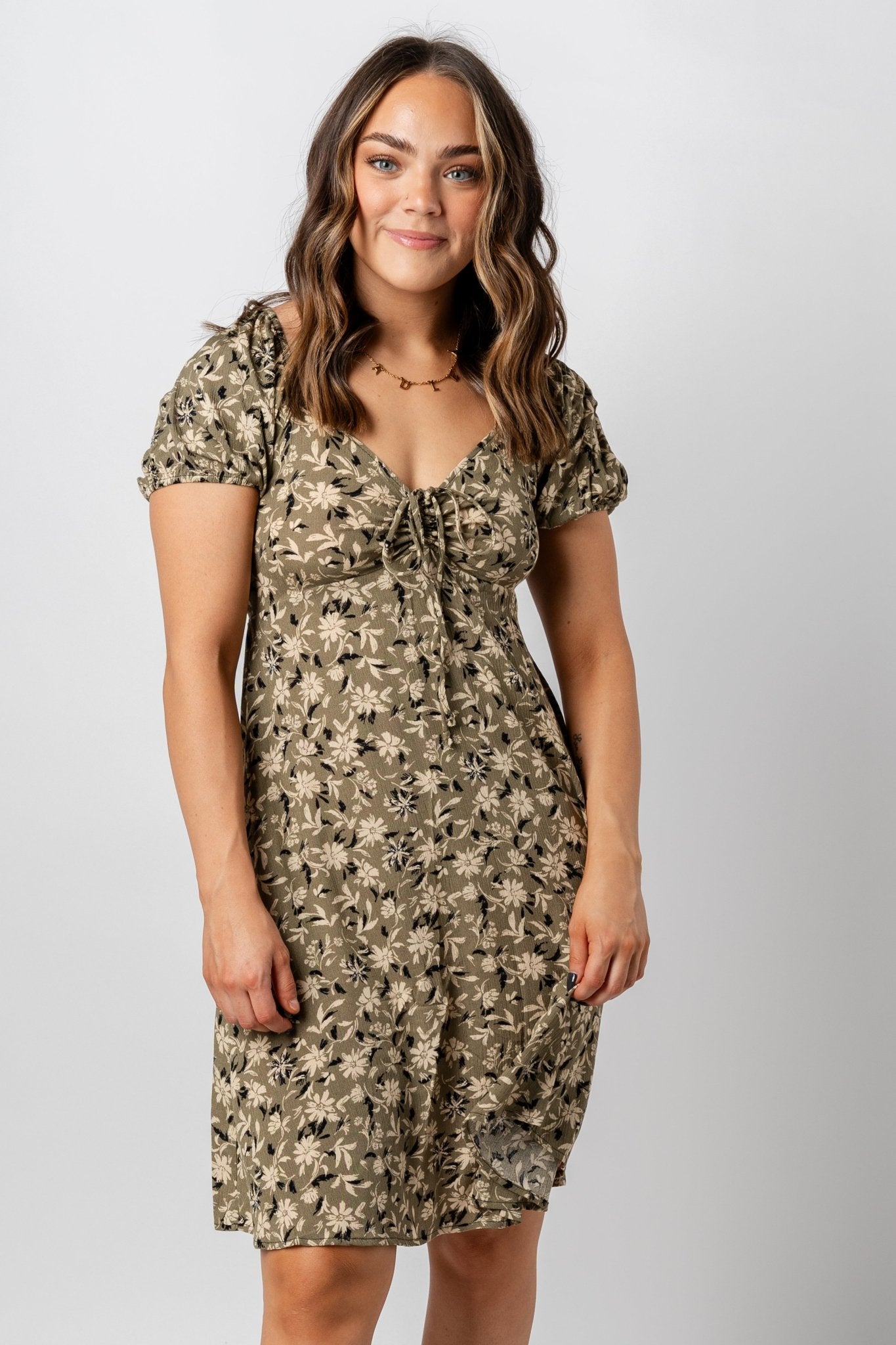 Ruched floral midi dress olive - Affordable Dresses - Boutique Dresses at Lush Fashion Lounge Boutique in Oklahoma City