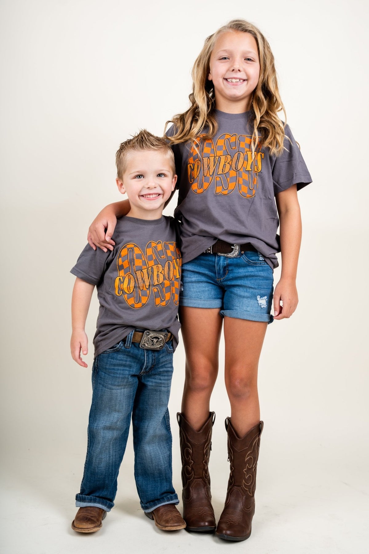 OSU Kids OSU twisted check t-shirt charcoal T-shirts | Lush Fashion Lounge Trendy Oklahoma State Cowboys Apparel & Cute Gameday T-Shirts