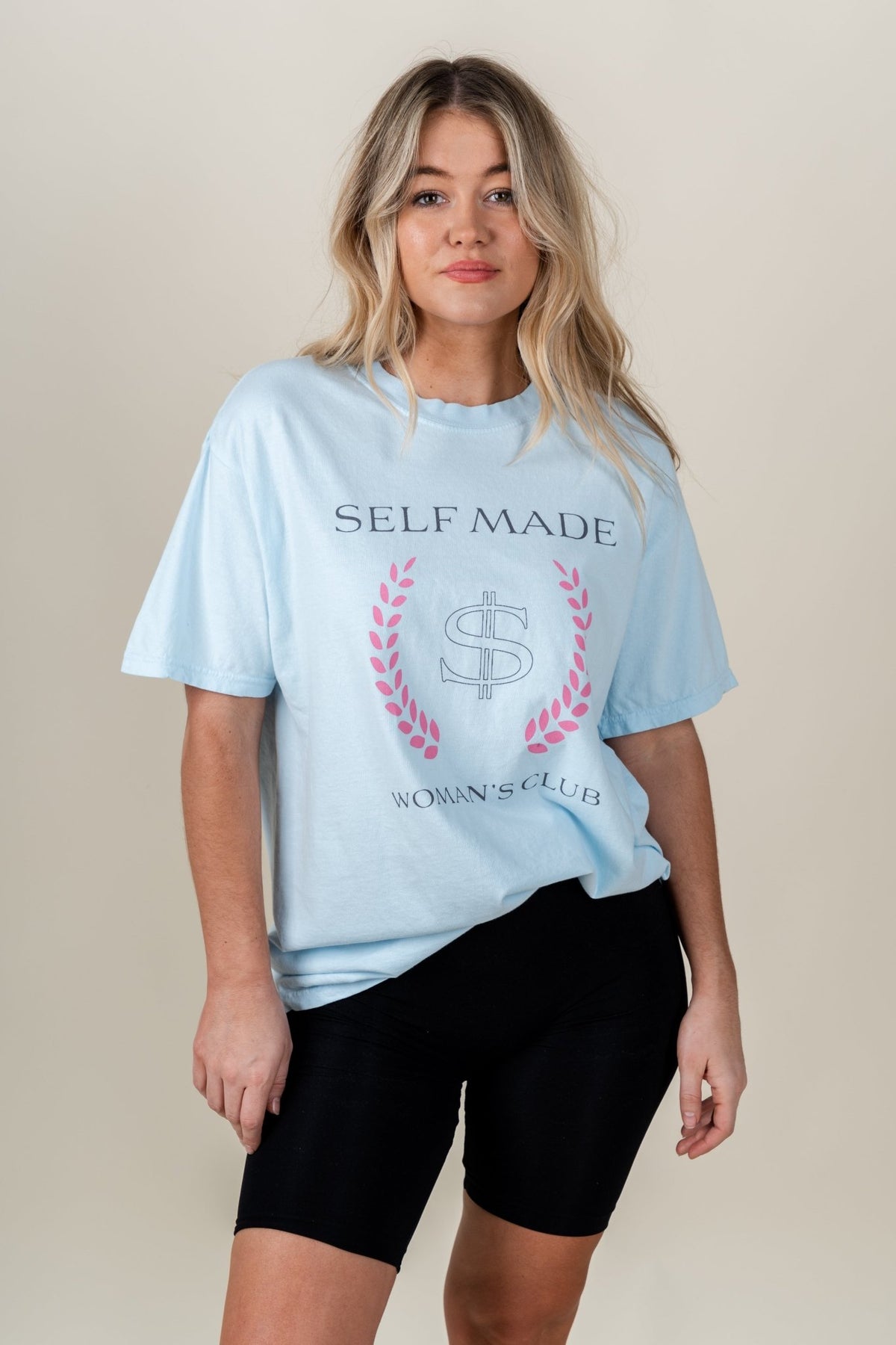 Self made woman's club t-shirt soothing blue - Cute T-shirt - Trendy Graphic T-Shirts at Lush Fashion Lounge Boutique in Oklahoma City