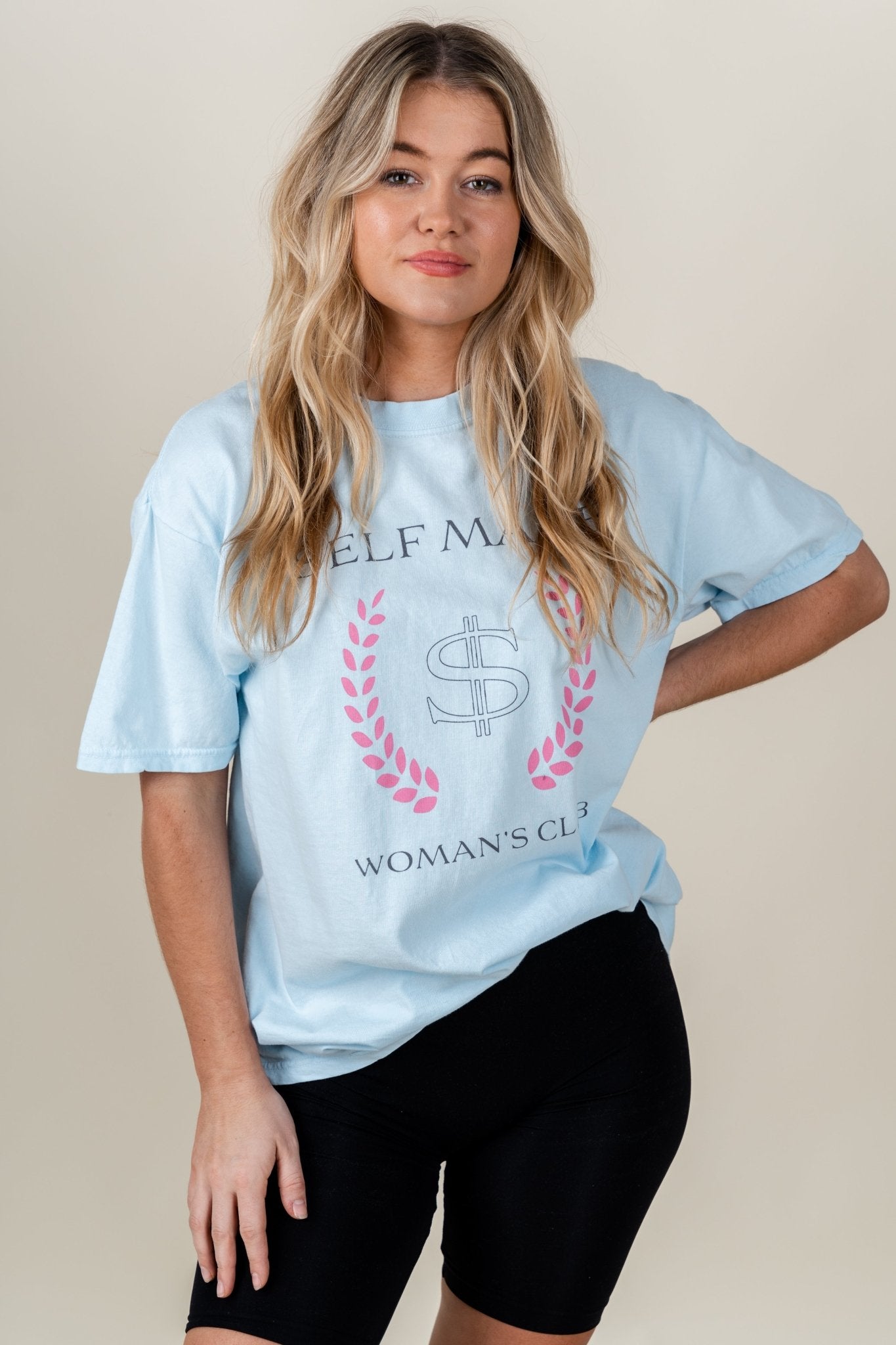 Self made woman's club t-shirt soothing blue - Affordable T-shirt - Boutique Graphic T-Shirts at Lush Fashion Lounge Boutique in Oklahoma City