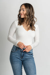 Long sleeve v-neck basic bodysuit ivory - Cute bodysuit - Trendy Bodysuits at Lush Fashion Lounge Boutique in Oklahoma City