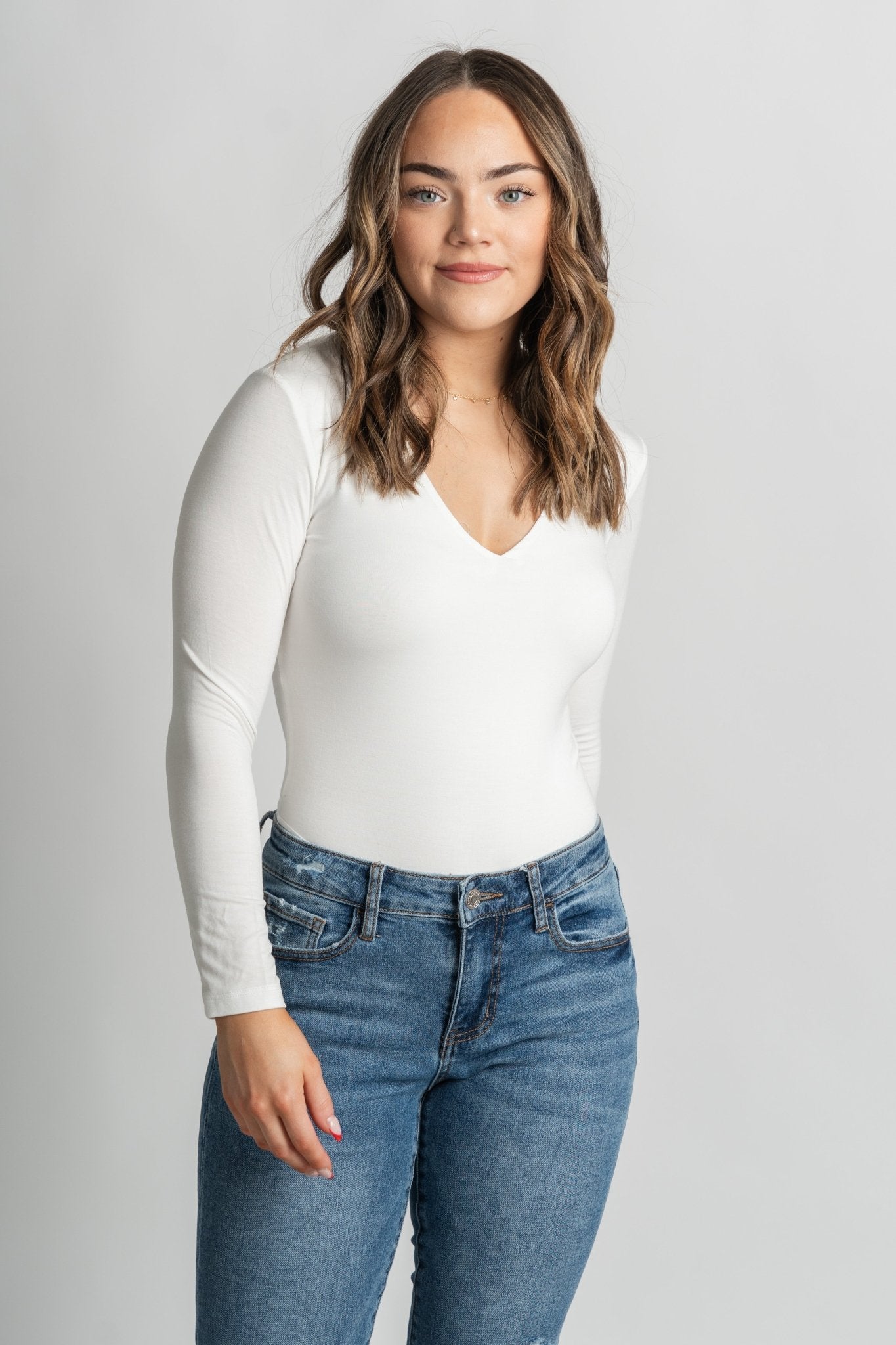 Long sleeve v-neck basic bodysuit ivory - Affordable bodysuit - Boutique Bodysuits at Lush Fashion Lounge Boutique in Oklahoma City