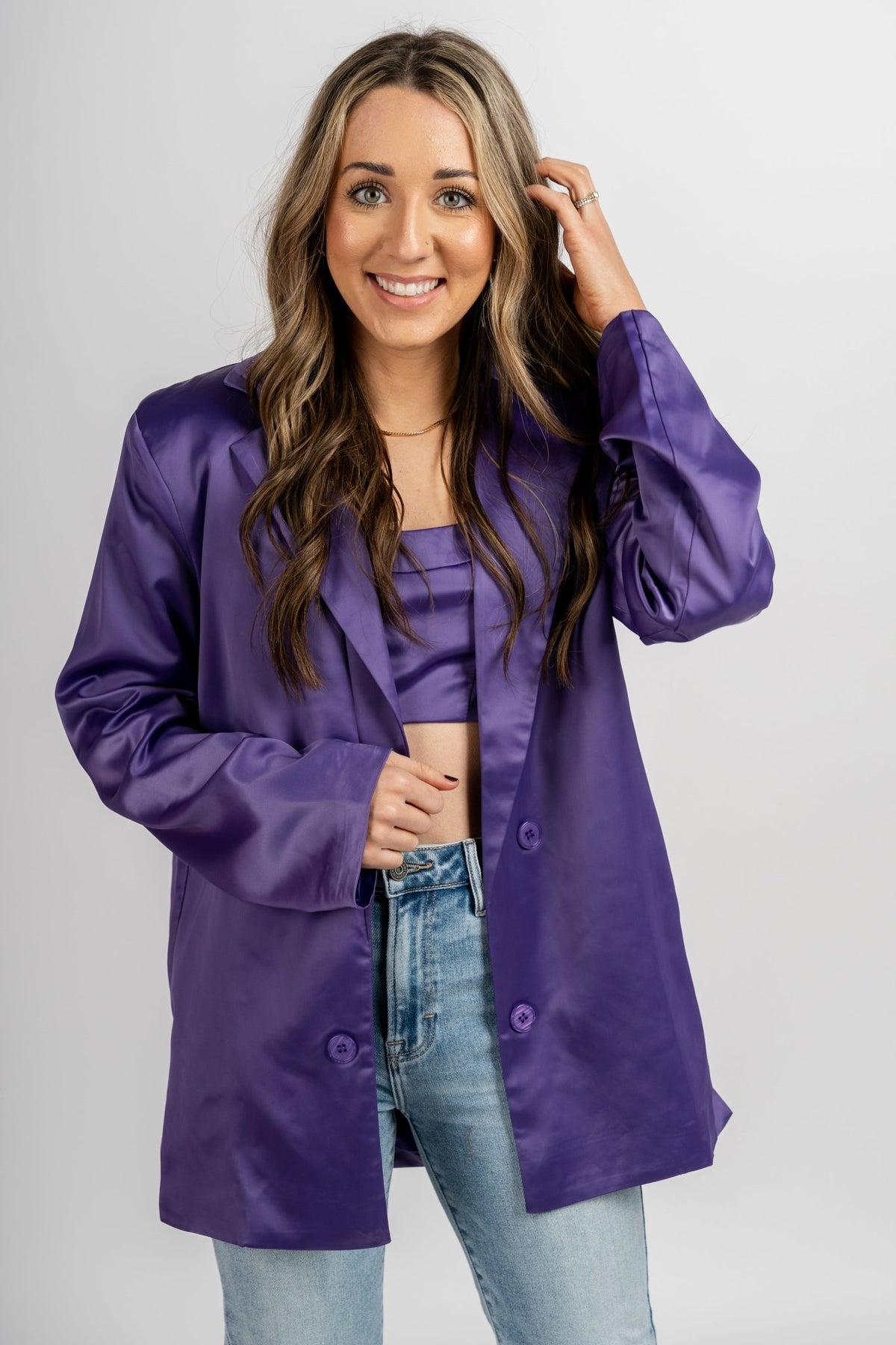Satin blazer jacket grape - Cute blazer - Trendy Jackets and Blazers at Lush Fashion Lounge Boutique in Oklahoma City