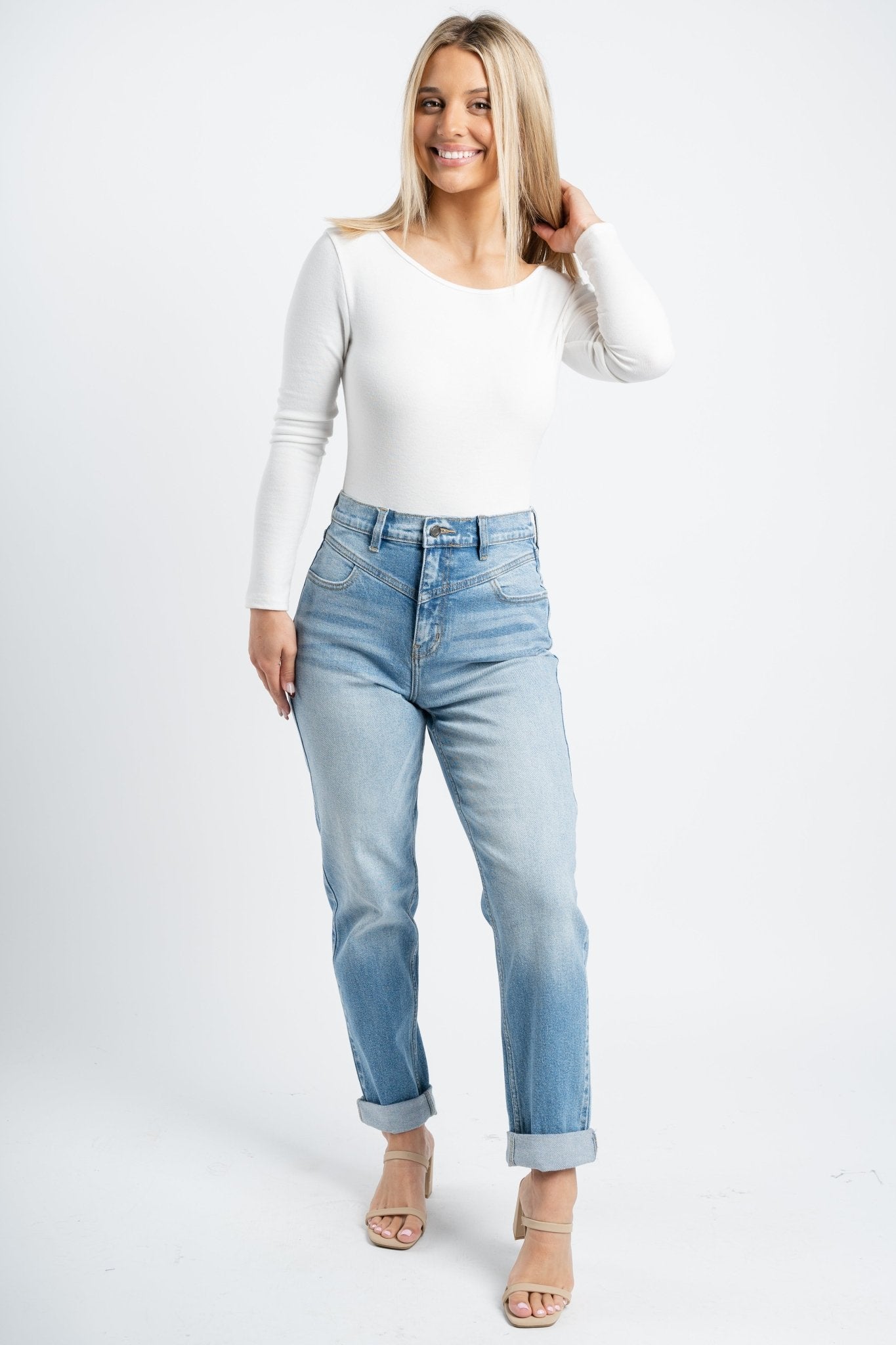 High rise front yoke mom jeans light denim | Lush Fashion Lounge: boutique women's jeans, fashion jeans for women, affordable fashion jeans, cute boutique jeans