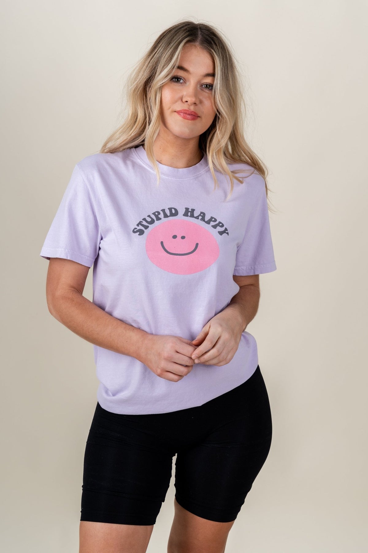 New stupid happy t-shirt orchid - Cute T-shirt - Trendy Graphic T-Shirts at Lush Fashion Lounge Boutique in Oklahoma City