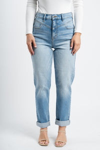 High rise front yoke mom jeans light denim | Lush Fashion Lounge: boutique women's jeans, fashion jeans for women, affordable fashion jeans, cute boutique jeans