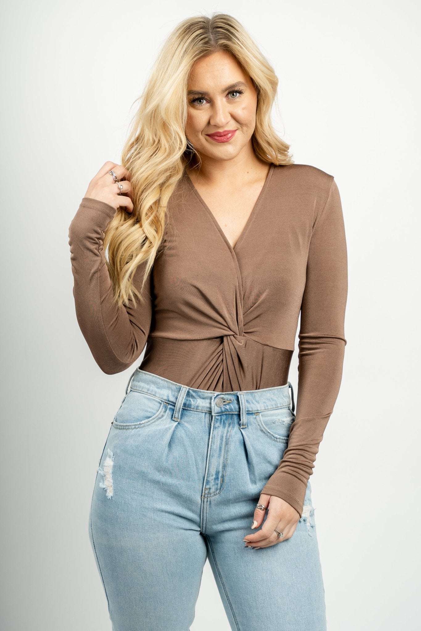 Knot front long sleeve bodysuit mocha - Affordable bodysuit - Boutique Bodysuits at Lush Fashion Lounge Boutique in Oklahoma City