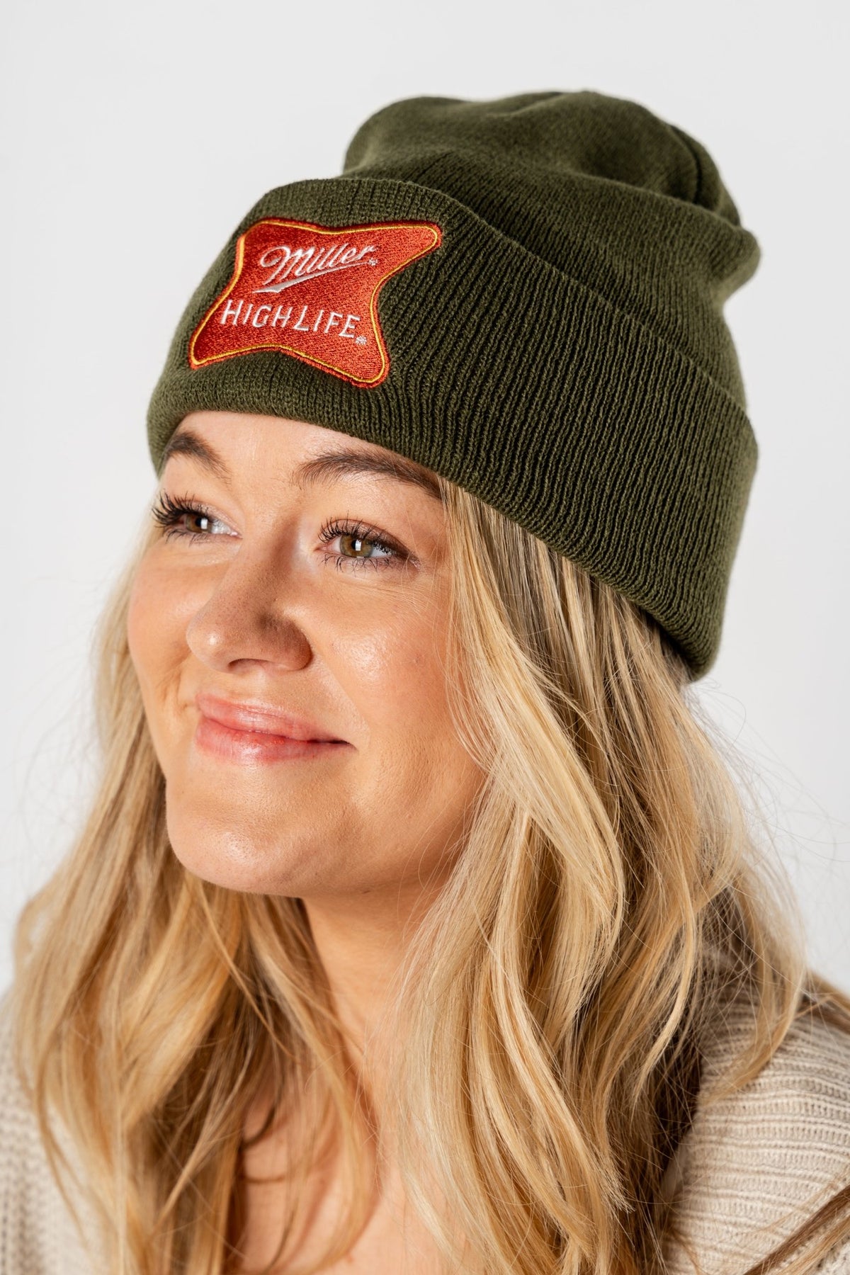 Miller high life cuffed knit beanie olive - Trendy Gifts at Lush Fashion Lounge Boutique in Oklahoma City