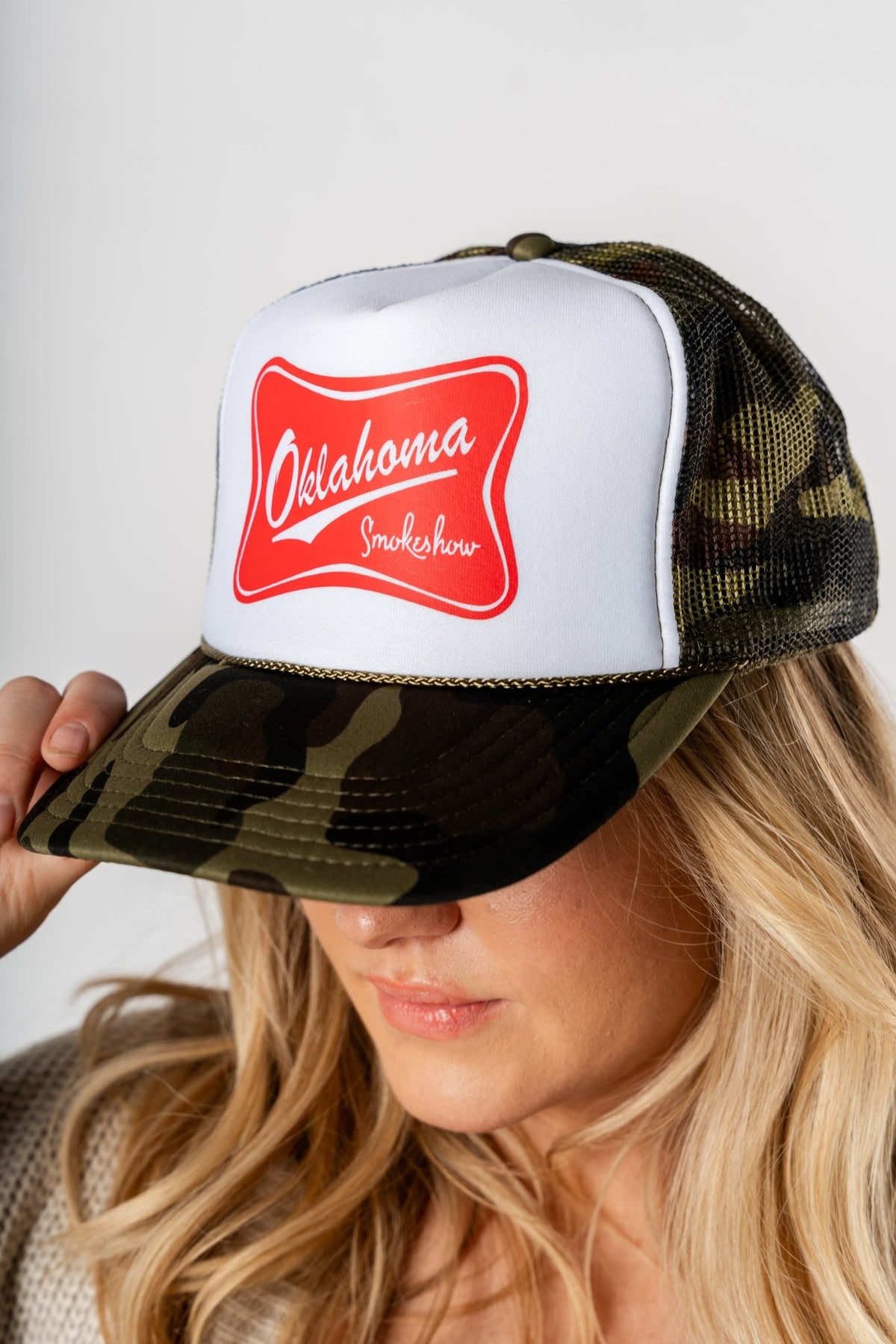 Oklahoma smokeshow trucker hat camo/red - Trendy Hats at Lush Fashion Lounge Boutique in Oklahoma City