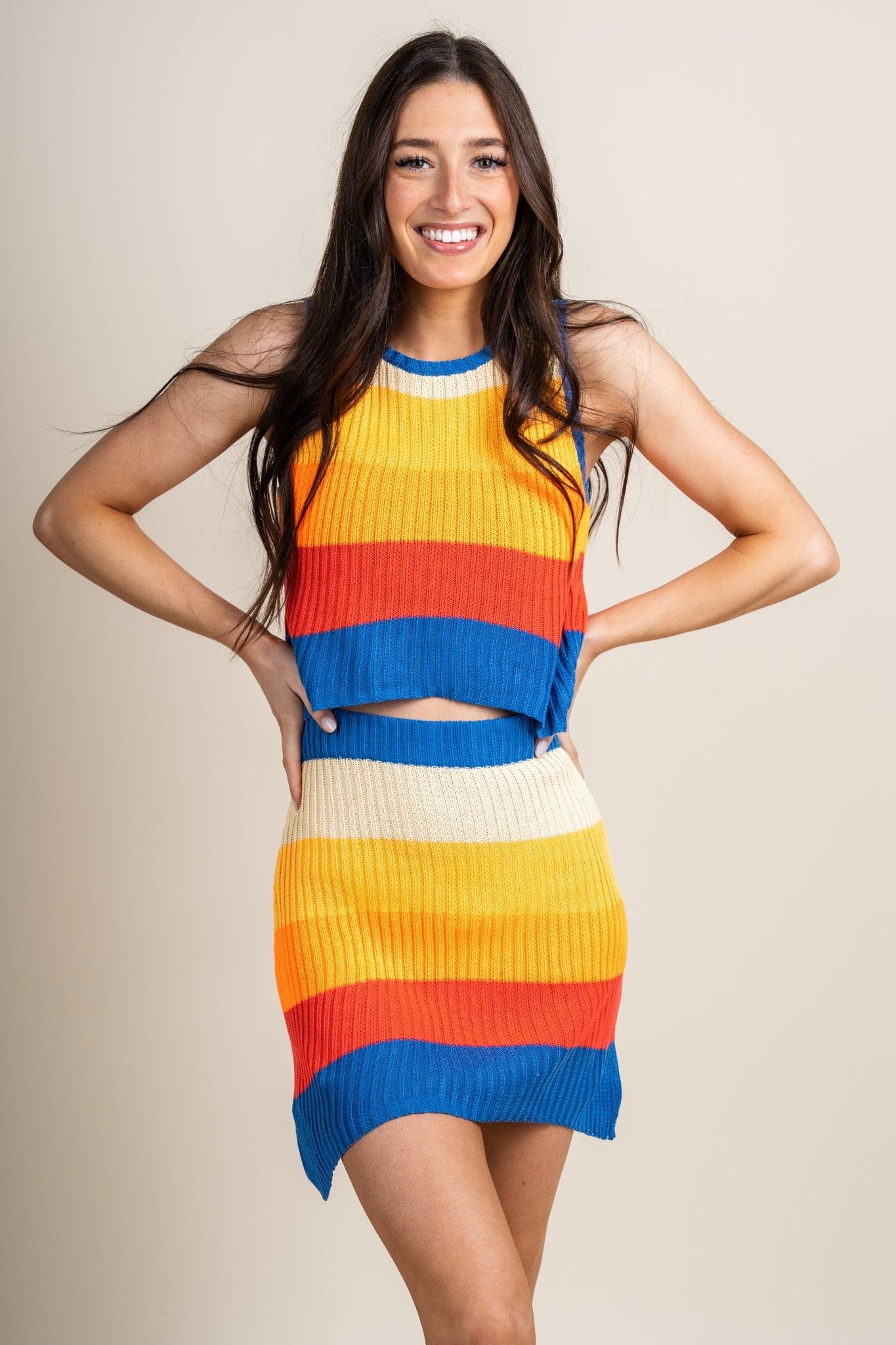Striped knit skirt orange/blue | Lush Fashion Lounge: boutique fashion skirts, affordable boutique skirts, cute affordable skirts